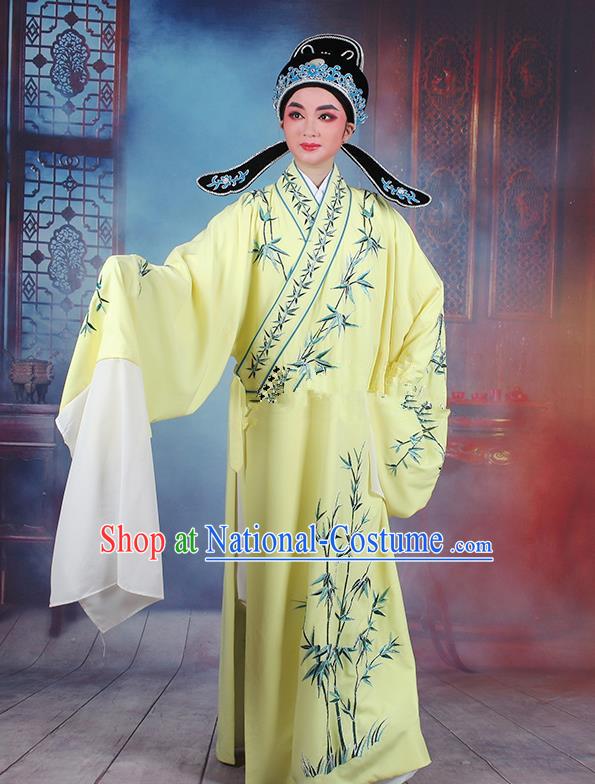 Traditional China Beijing Opera Niche Costume Gifted Scholar Yellow Embroidered Robe and Headwear, Ancient Chinese Peking Opera Embroidery Bamboo Clothing