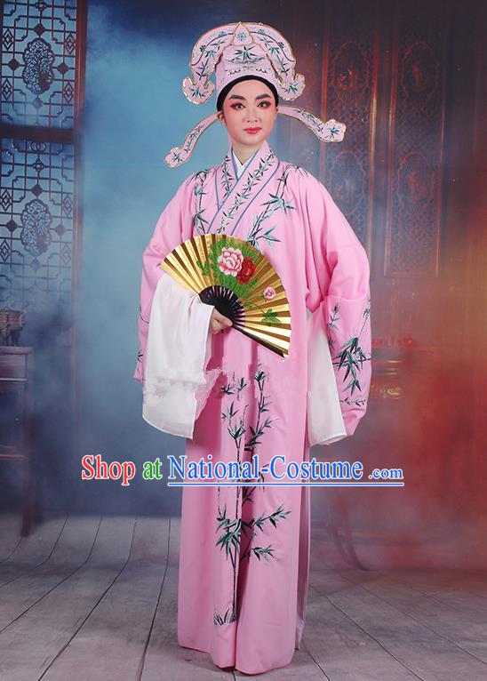 Traditional China Beijing Opera Niche Costume Gifted Scholar Pink Embroidered Robe and Headwear, Ancient Chinese Peking Opera Embroidery Bamboo Clothing