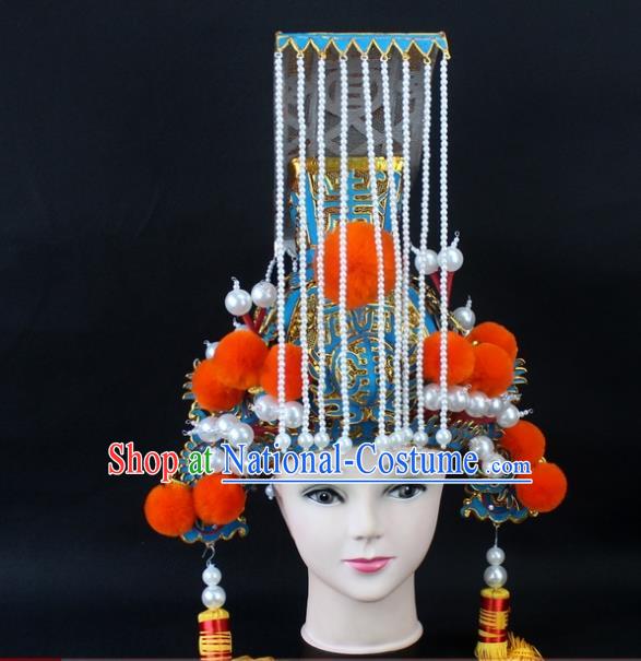 Traditional China Beijing Opera Qin Dynasty Emperor Tassel Hat, Ancient Chinese Peking Opera First Emperor of Qin Crown Headwear