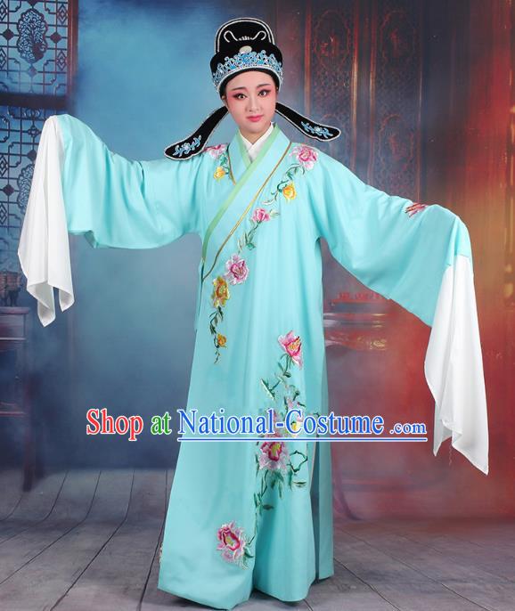 Traditional China Beijing Opera Niche Costume Gifted Scholar Blue Embroidered Robe and Hat, Ancient Chinese Peking Opera Young Men Embroidery Peony Clothing