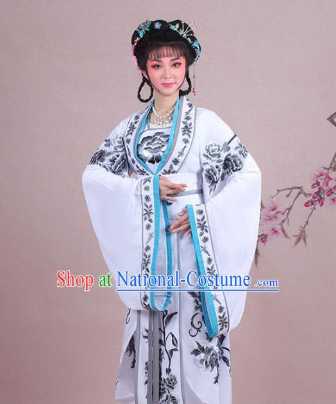 Traditional China Beijing Opera Palace Lady Costume Imperial Princess Embroidered White Dress, Ancient Chinese Peking Opera Diva Hua Tan Embroidery Clothing