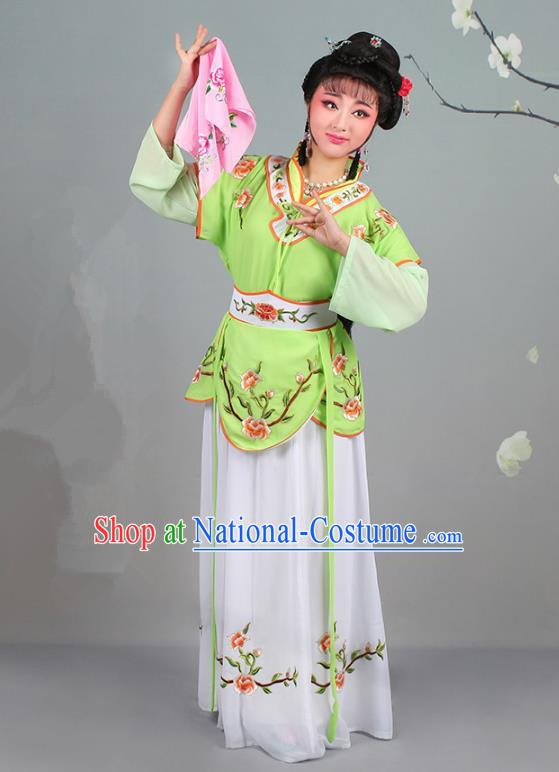 Traditional China Beijing Opera Young Lady Costume Servant Girl Embroidered Green Dress, Ancient Chinese Peking Opera Diva Jordan-Sitting Embroidery Clothing