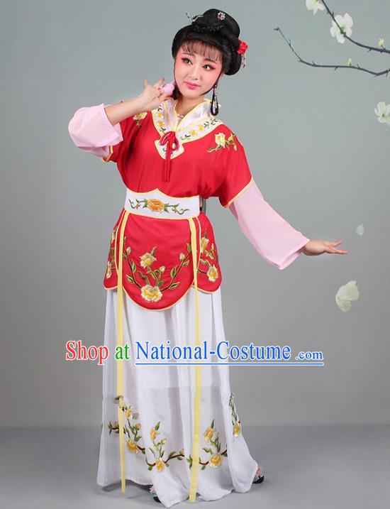 Traditional China Beijing Opera Young Lady Costume Servant Girl Embroidered Red Dress, Ancient Chinese Peking Opera Diva Jordan-Sitting Embroidery Clothing