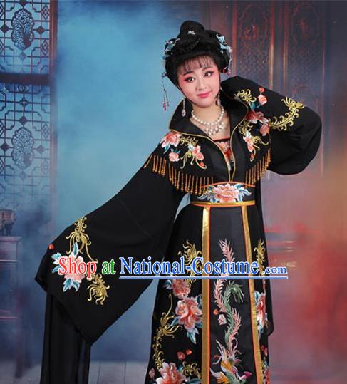 Traditional China Beijing Opera Palace Lady Hua Tan Costume Black Embroidered Dress, Ancient Chinese Peking Opera Diva Senior Concubine Embroidery Peony Clothing