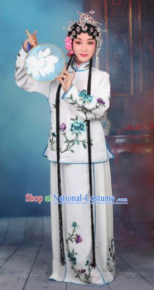 Top Grade Professional Beijing Opera Young Lady Costume Servant Girl White Embroidered Dress, Traditional Ancient Chinese Peking Opera Maidservants Embroidery Peony Clothing