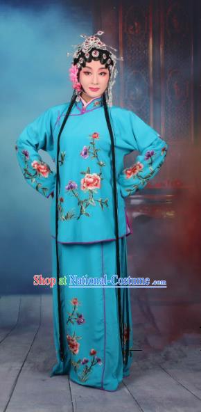 Top Grade Professional Beijing Opera Young Lady Costume Servant Girl Deep Blue Embroidered Dress, Traditional Ancient Chinese Peking Opera Maidservants Embroidery Peony Clothing