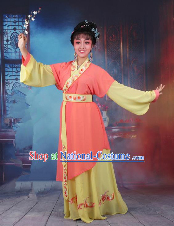 Top Grade Professional Beijing Opera Young Lady Costume Servant Girl Orange Embroidered Dress, Traditional Ancient Chinese Peking Opera Maidservants Embroidery Clothing