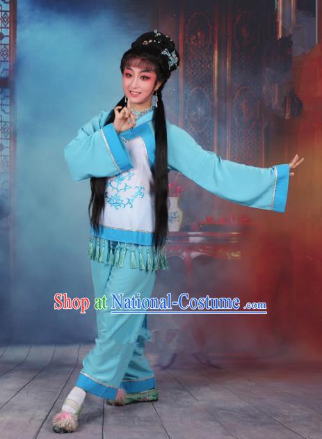 Top Grade Professional Beijing Opera Young Lady Costume Fisher Maiden Blue Embroidered Clothing, Traditional Ancient Chinese Peking Opera Maidservants Embroidery Clothing