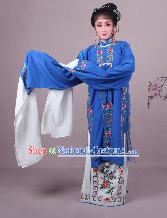 Top Grade Professional Beijing Opera Female Role Costume Deep Blue Embroidered Cape, Traditional Ancient Chinese Peking Opera Diva Embroidery Clothing