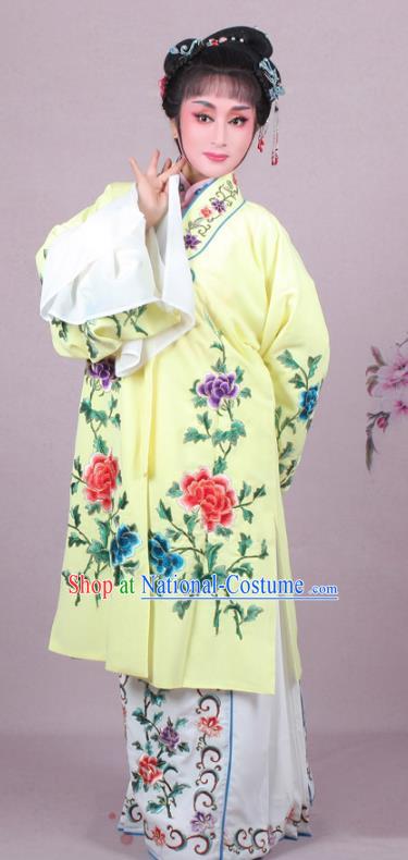 Top Grade Professional Beijing Opera Female Role Costume Imperial Concubine Yellow Embroidered Cape, Traditional Ancient Chinese Peking Opera Diva Embroidery Peony Clothing