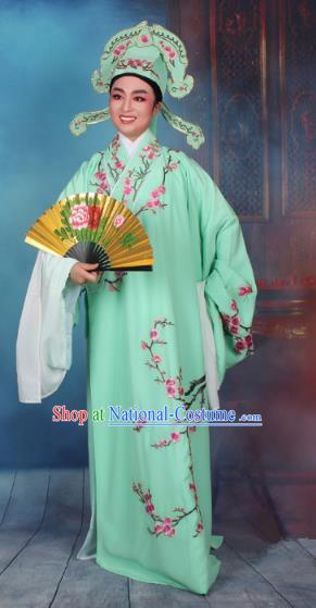 Top Grade Professional Beijing Opera Niche Costume Gifted Scholar Green Embroidered Robe, Traditional Ancient Chinese Peking Opera Embroidery Wintersweet Clothing