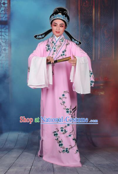 Top Grade Professional Beijing Opera Niche Costume Gifted Scholar Pink Embroidered Robe, Traditional Ancient Chinese Peking Opera Embroidery Wintersweet Clothing