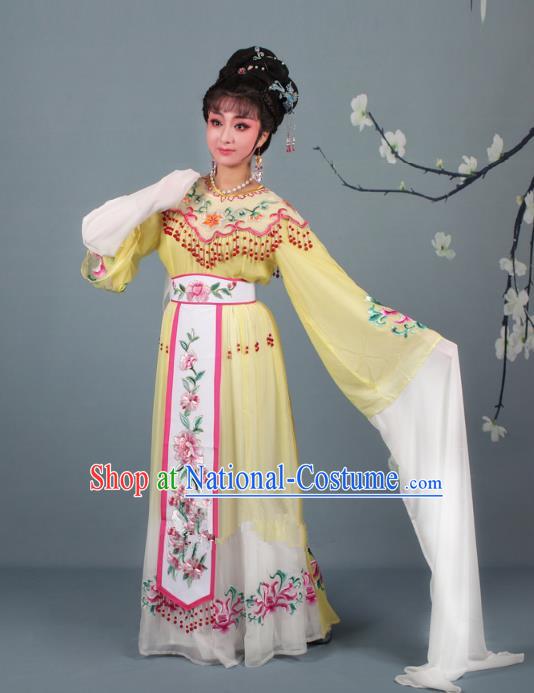 Top Grade Professional Beijing Opera Diva Costume Palace Lady Yellow Embroidered Dress, Traditional Ancient Chinese Peking Opera Princess Embroidery Peony Clothing