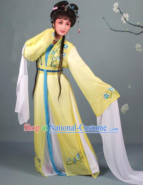 Top Grade Professional Beijing Opera Diva Costume Hua Tan Water Sleeve Embroidered Yellow Dress, Traditional Ancient Chinese Peking Opera Princess Embroidery Clothing