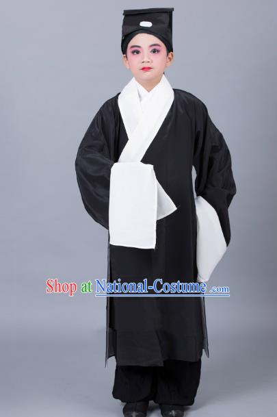 Top Grade Professional Beijing Opera Niche Costume Scholar Black Robe and Headwear, Traditional Ancient Chinese Peking Opera Embroidery Clothing for Kids