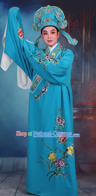 Top Grade Professional Beijing Opera Niche Costume Gifted Scholar Blue Embroidered Robe, Traditional Ancient Chinese Peking Opera Embroidery Clothing