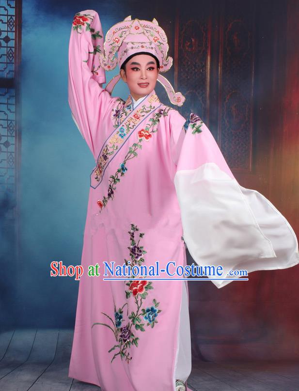 Top Grade Professional Beijing Opera Niche Costume Gifted Scholar Pink Embroidered Robe, Traditional Ancient Chinese Peking Opera Embroidery Clothing