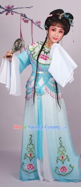 Top Grade Professional Beijing Opera Diva Costume Blue Embroidered Dress, Traditional Ancient Chinese Peking Opera Hua Tan Princess Embroidery Clothing