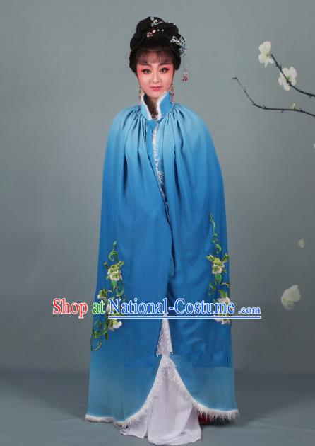 Top Grade Professional Beijing Opera Diva Costume Blue Embroidered Cloak, Traditional Ancient Chinese Peking Opera Hua Tan Princess Embroidery Mantle