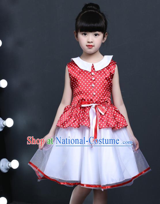 Top Grade Chinese Professional Performance Catwalks Costume, Children Princess Chorus Veil Red Dress Modern Dance Clothing for Girls Kids