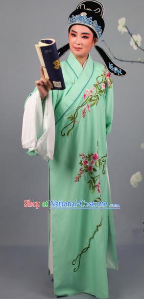 Top Grade Professional Beijing Opera Niche Costume Gifted Scholar Green Embroidered Robe and Headwear, Traditional Ancient Chinese Peking Opera Embroidery Roses Clothing