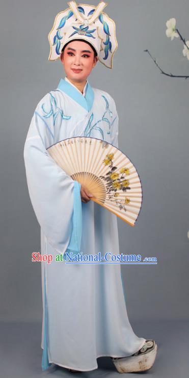 China Beijing Opera Niche Costume Gifted Scholar Embroidered Blue Robe and Headwear, Traditional Ancient Chinese Peking Opera Embroidery Clothing