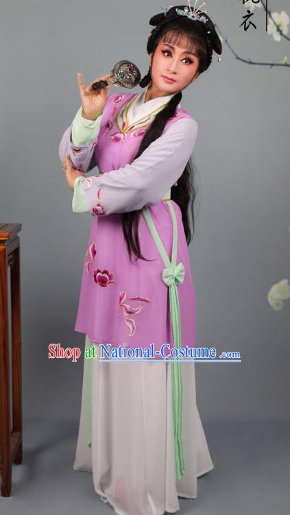 Top Grade Professional Beijing Opera Young Lady Costume Purple Hua Tan Embroidered Dress, Traditional Ancient Chinese Peking Opera Maidservants Embroidery Clothing