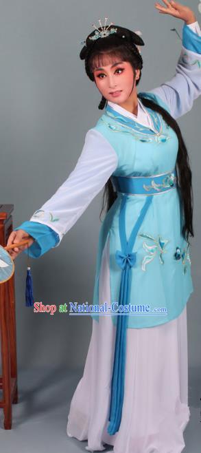 Top Grade Professional Beijing Opera Young Lady Costume Blue Hua Tan Embroidered Dress, Traditional Ancient Chinese Peking Opera Maidservants Embroidery Clothing