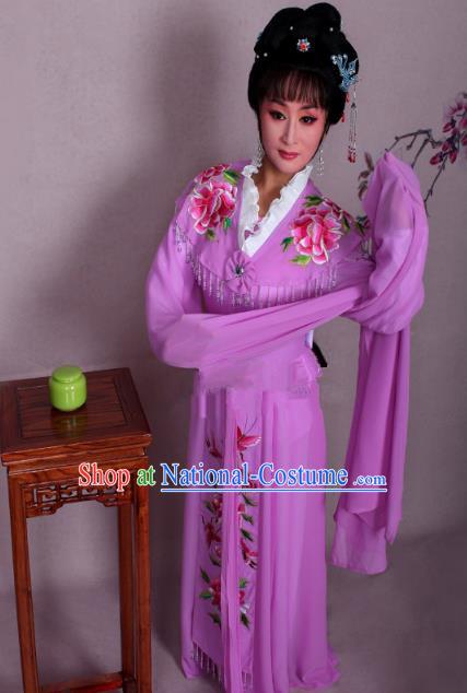 Top Grade Professional Beijing Opera Hua Tan Costume Palace Lady Purple Embroidered Peony Dress, Traditional Ancient Chinese Peking Opera Diva Princess Embroidery Clothing