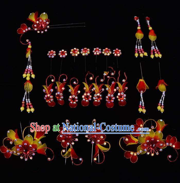 Top Grade Professional Beijing Opera Diva Red Hair Accessories Complete Set, Traditional Ancient Chinese Peking Opera Tassel Step Shake Hua Tan Hairpins Headwear