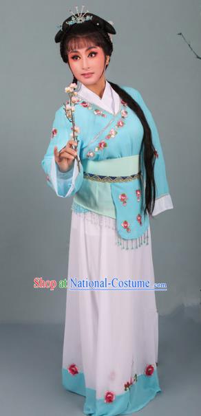 Top Grade Professional Beijing Opera Young Lady Costume Handmaiden Sky Blue Embroidered Dress, Traditional Ancient Chinese Peking Opera Maidservants Embroidery Clothing