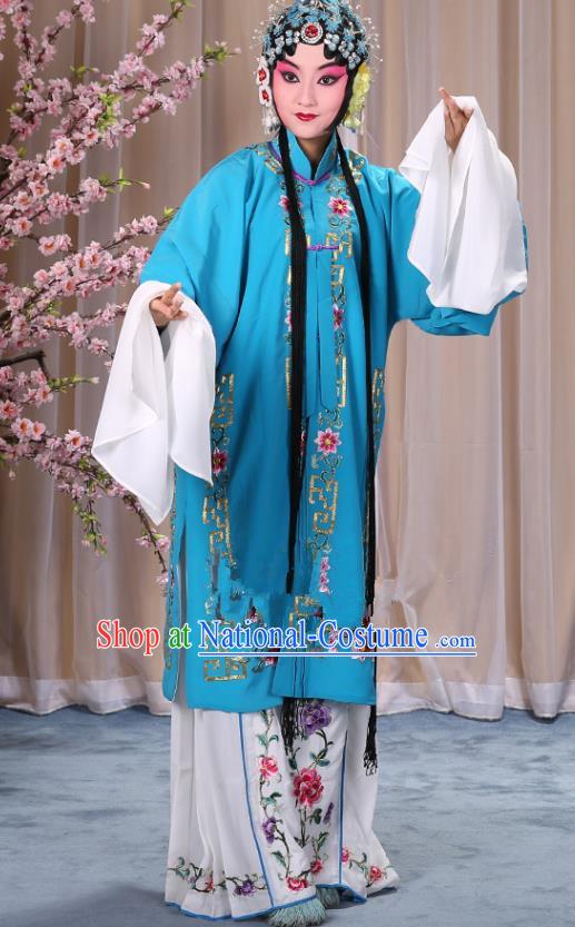 Top Grade Professional Beijing Opera Diva Costume Palace Lady Blue Embroidered Cape, Traditional Ancient Chinese Peking Opera Princess Embroidery Dress Clothing