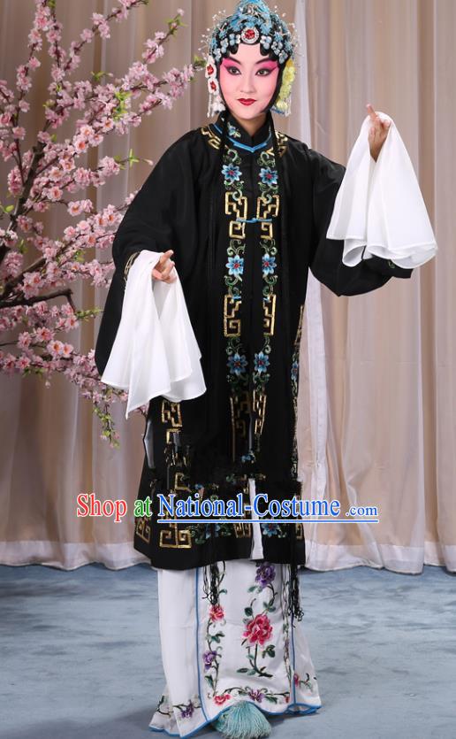 Top Grade Professional Beijing Opera Diva Costume Palace Lady Black Embroidered Cape, Traditional Ancient Chinese Peking Opera Princess Embroidery Dress Clothing