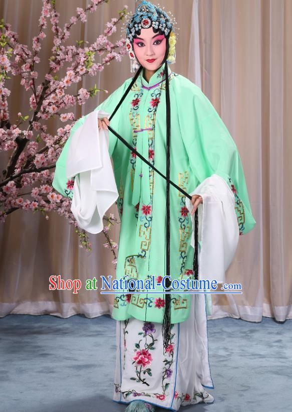 Top Grade Professional Beijing Opera Diva Costume Palace Lady Green Embroidered Cape, Traditional Ancient Chinese Peking Opera Princess Embroidery Dress Clothing