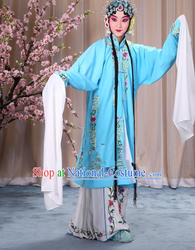 Top Grade Professional Beijing Opera Diva Costume Palace Lady Light Blue Embroidered Cape, Traditional Ancient Chinese Peking Opera Princess Embroidery Dress Clothing