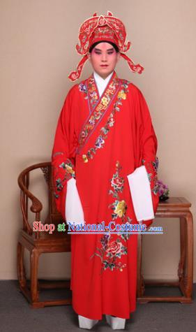 Top Grade Professional Beijing Opera Niche Costume Gifted Scholar Red Embroidered Robe and Shoes, Traditional Ancient Chinese Peking Opera Embroidery Peony Clothing