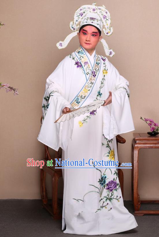 Top Grade Professional Beijing Opera Niche Costume Gifted Scholar White Embroidered Robe and Shoes, Traditional Ancient Chinese Peking Opera Embroidery Peony Clothing