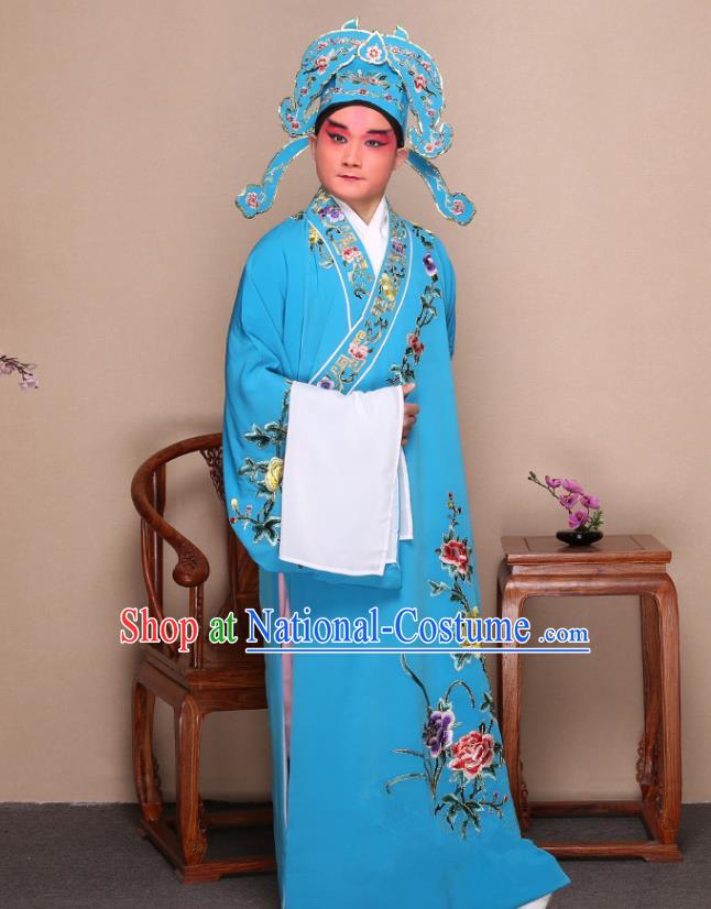 Top Grade Professional Beijing Opera Niche Costume Gifted Scholar Blue Embroidered Robe and Shoes, Traditional Ancient Chinese Peking Opera Embroidery Peony Clothing