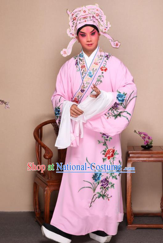 Top Grade Professional Beijing Opera Niche Costume Gifted Scholar Pink Embroidered Robe and Shoes, Traditional Ancient Chinese Peking Opera Embroidery Peony Clothing