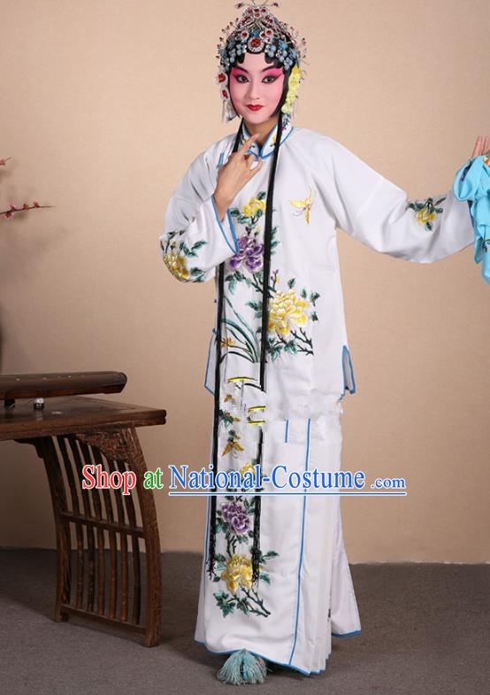 Top Grade Professional Beijing Opera Jordan-Sitting Costume Hua Tan White Embroidered Dress, Traditional Ancient Chinese Peking Opera Maidservants Embroidery Clothing