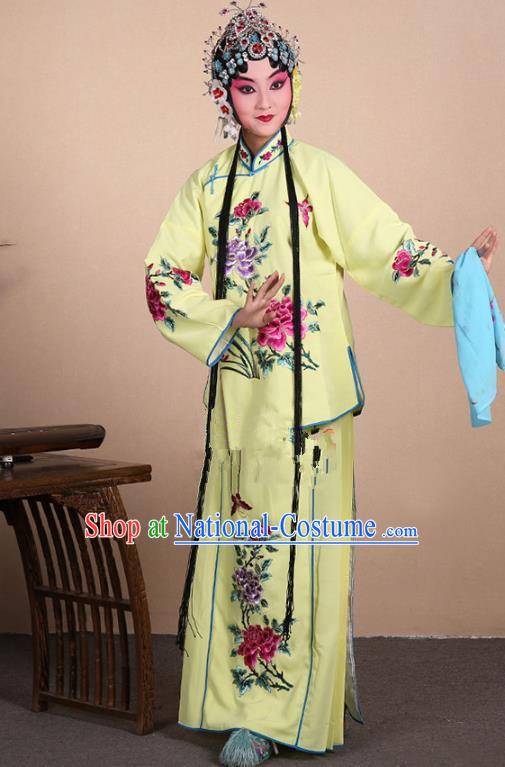 Top Grade Professional Beijing Opera Jordan-Sitting Costume Hua Tan Yellow Embroidered Dress, Traditional Ancient Chinese Peking Opera Maidservants Embroidery Clothing