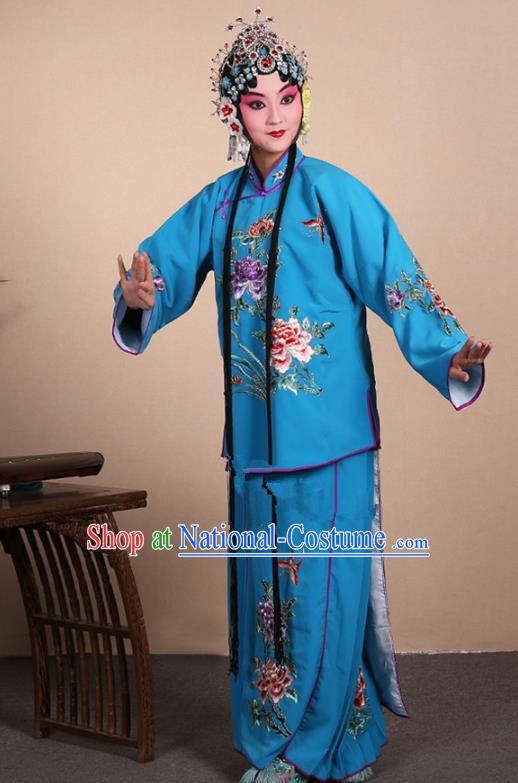 Top Grade Professional Beijing Opera Jordan-Sitting Costume Hua Tan Deep Blue Embroidered Dress, Traditional Ancient Chinese Peking Opera Maidservants Embroidery Clothing