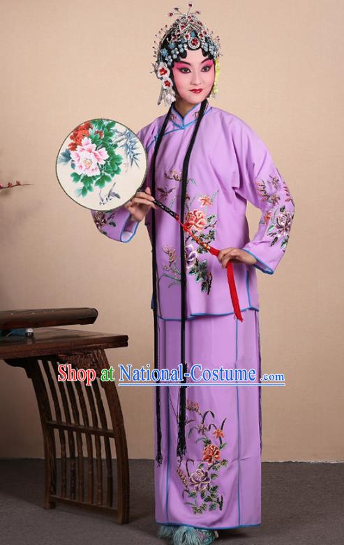 Top Grade Professional Beijing Opera Jordan-Sitting Costume Hua Tan Purple Embroidered Dress, Traditional Ancient Chinese Peking Opera Maidservants Embroidery Clothing