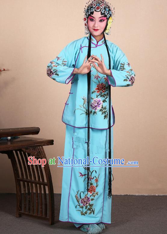 Top Grade Professional Beijing Opera Jordan-Sitting Costume Hua Tan Blue Embroidered Dress, Traditional Ancient Chinese Peking Opera Maidservants Embroidery Clothing