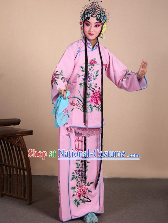 Top Grade Professional Beijing Opera Jordan-Sitting Costume Hua Tan Pink Embroidered Dress, Traditional Ancient Chinese Peking Opera Maidservants Embroidery Clothing