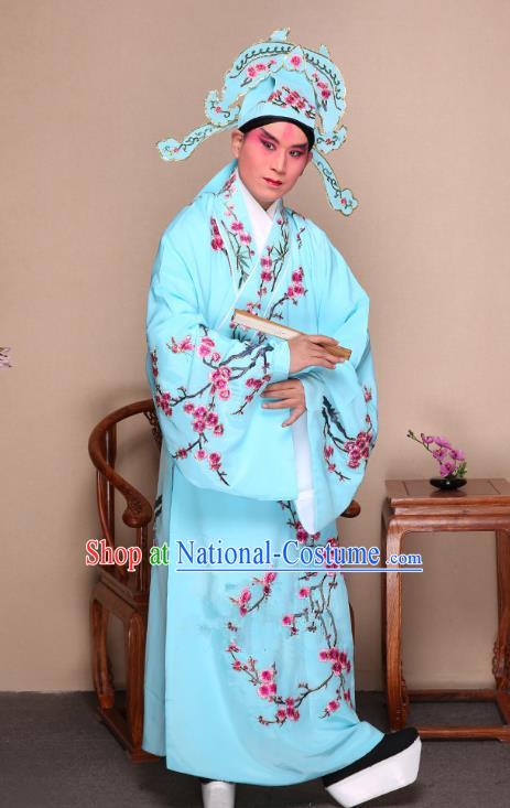 Top Grade Professional Beijing Opera Niche Costume Gifted Scholar Blue Embroidered Wintersweet Robe, Traditional Ancient Chinese Peking Opera Embroidery Clothing