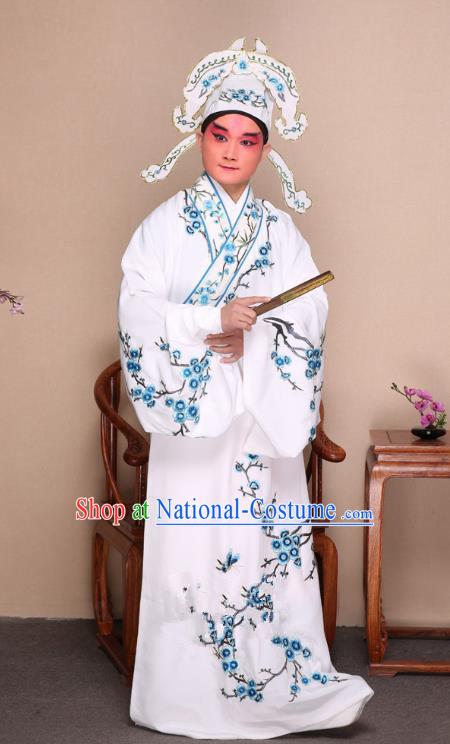 Top Grade Professional Beijing Opera Niche Costume Gifted Scholar White Embroidered Wintersweet Robe, Traditional Ancient Chinese Peking Opera Embroidery Clothing