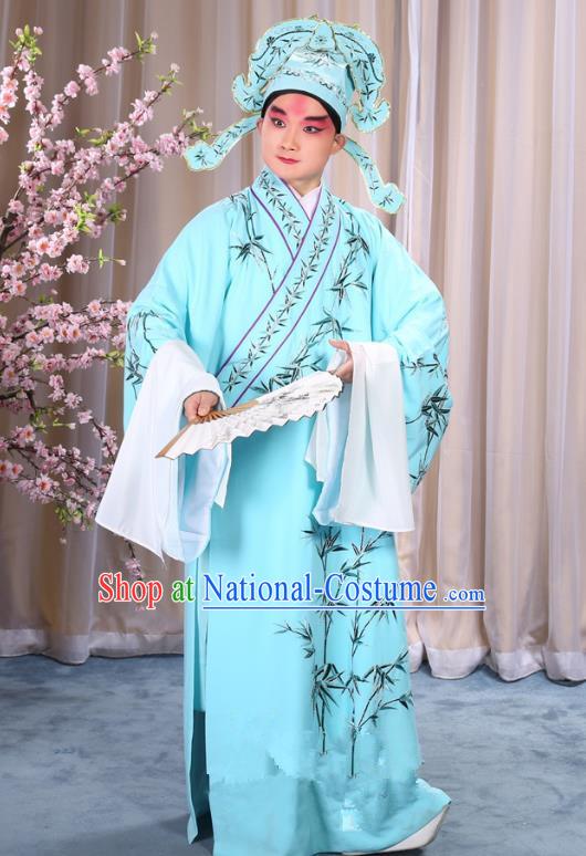 China Beijing Opera Niche Costume Gifted Scholar Embroidered Bamboo Blue Robe and Headwear, Traditional Ancient Chinese Peking Opera Embroidery Clothing