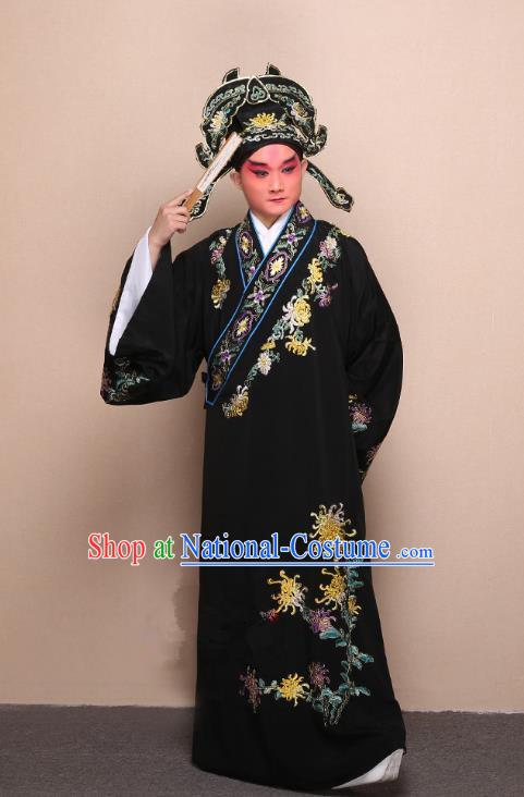 Top Grade Professional Beijing Opera Niche Costume Gifted Scholar Black Embroidered Chrysanthemum Robe, Traditional Ancient Chinese Peking Opera Embroidery Clothing