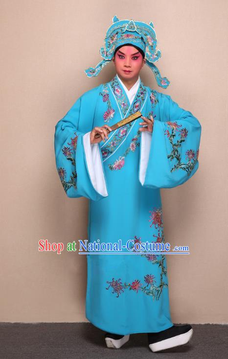 Top Grade Professional Beijing Opera Niche Costume Gifted Scholar Blue Embroidered Chrysanthemum Robe, Traditional Ancient Chinese Peking Opera Embroidery Clothing